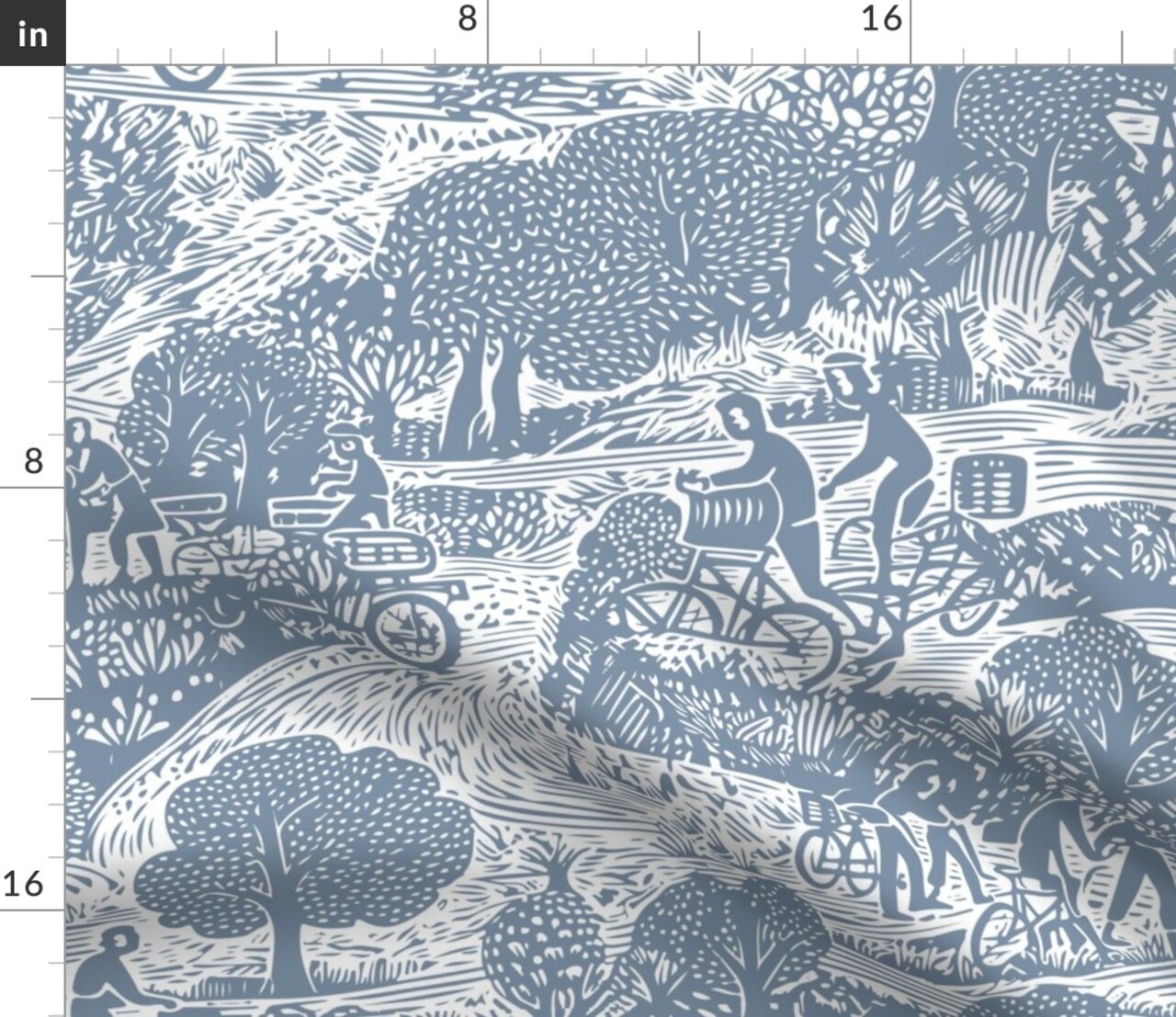 Folk Bicycle Toile Blue Monochrome Block Print Trees Lines Cycling Scandi Custom Printed Fabric by Spoonflower Various Fabrics by the Yard or Fat Quarter